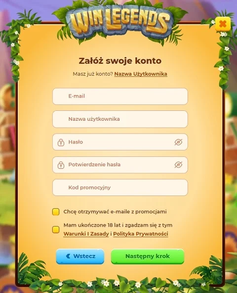 Formularz rejestracyjny Winlegends Casino