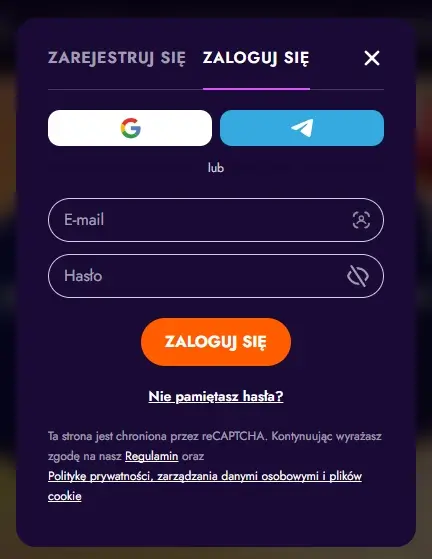 Formularz logowania do Irwincasino
